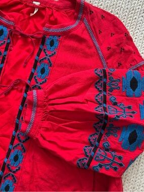 Free People Red Embroidered Tie-Front Peasant Top